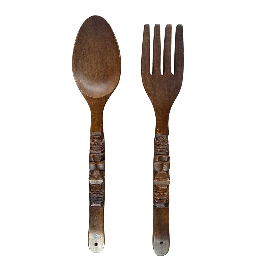Vintage Hand Carved Wooden Tiki Totem Spoon and Fork Wall Decor Set 23 Inch